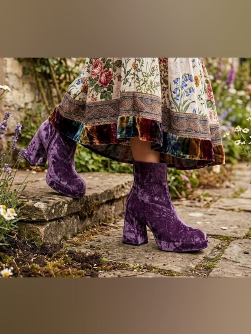 Boho Purple Velvet Ankle Boots Funky Chunky Retro Platform Block Heel New Sz 6